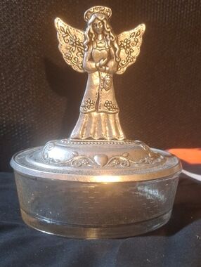 Vintage 2002 Carson Pewter Lid with Glass Bowl Mother Angel Trinket Box